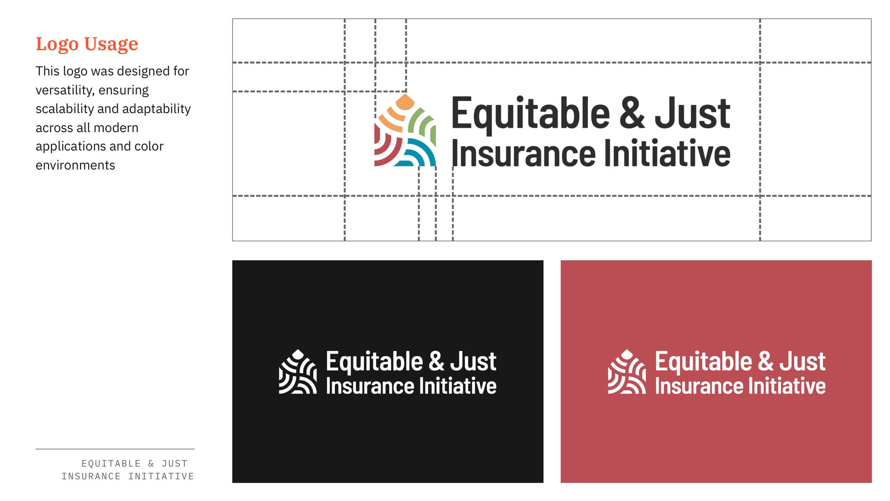Logo usage spread from the Equitable & Just brand guide, showing the mark across light, dark, and red applications