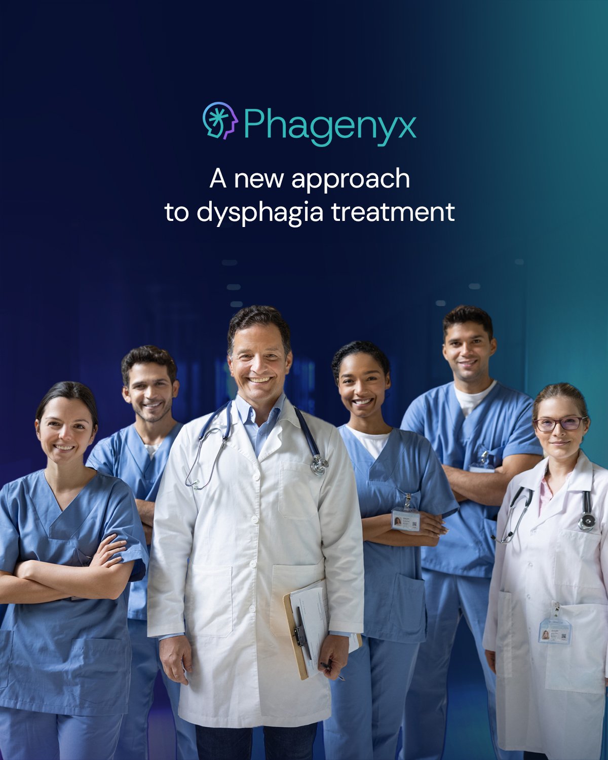 Phagenyx brand imagery — care team with the line 'A new approach to dysphagia treatment'