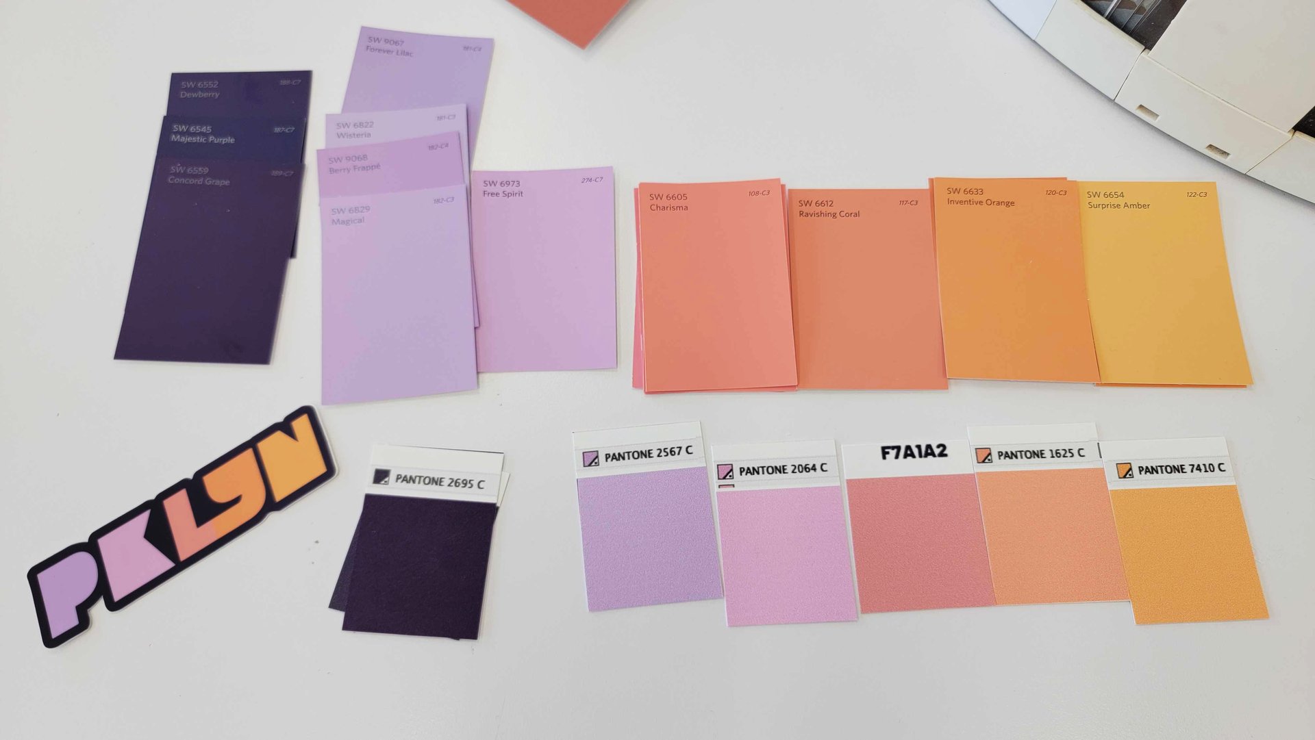 PKLYN brand palette in progress — Pantone and paint swatches with the logo