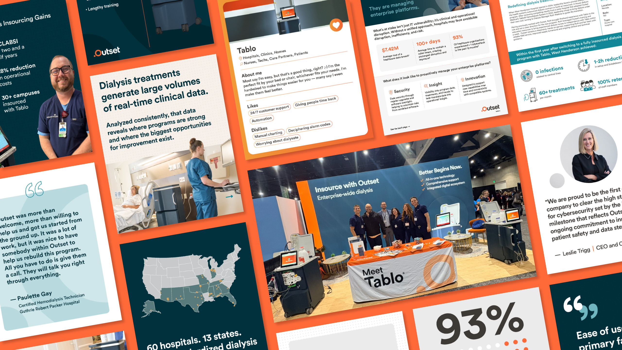 Collage of Outset Medical creative: Tablo campaign graphics, data storytelling, and event presence