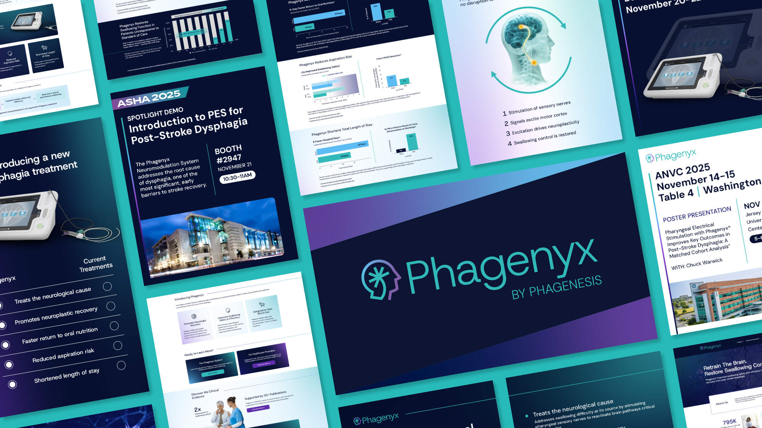 Collage of Phagenyx brand and campaign creative: conference materials, clinical education, and the new website