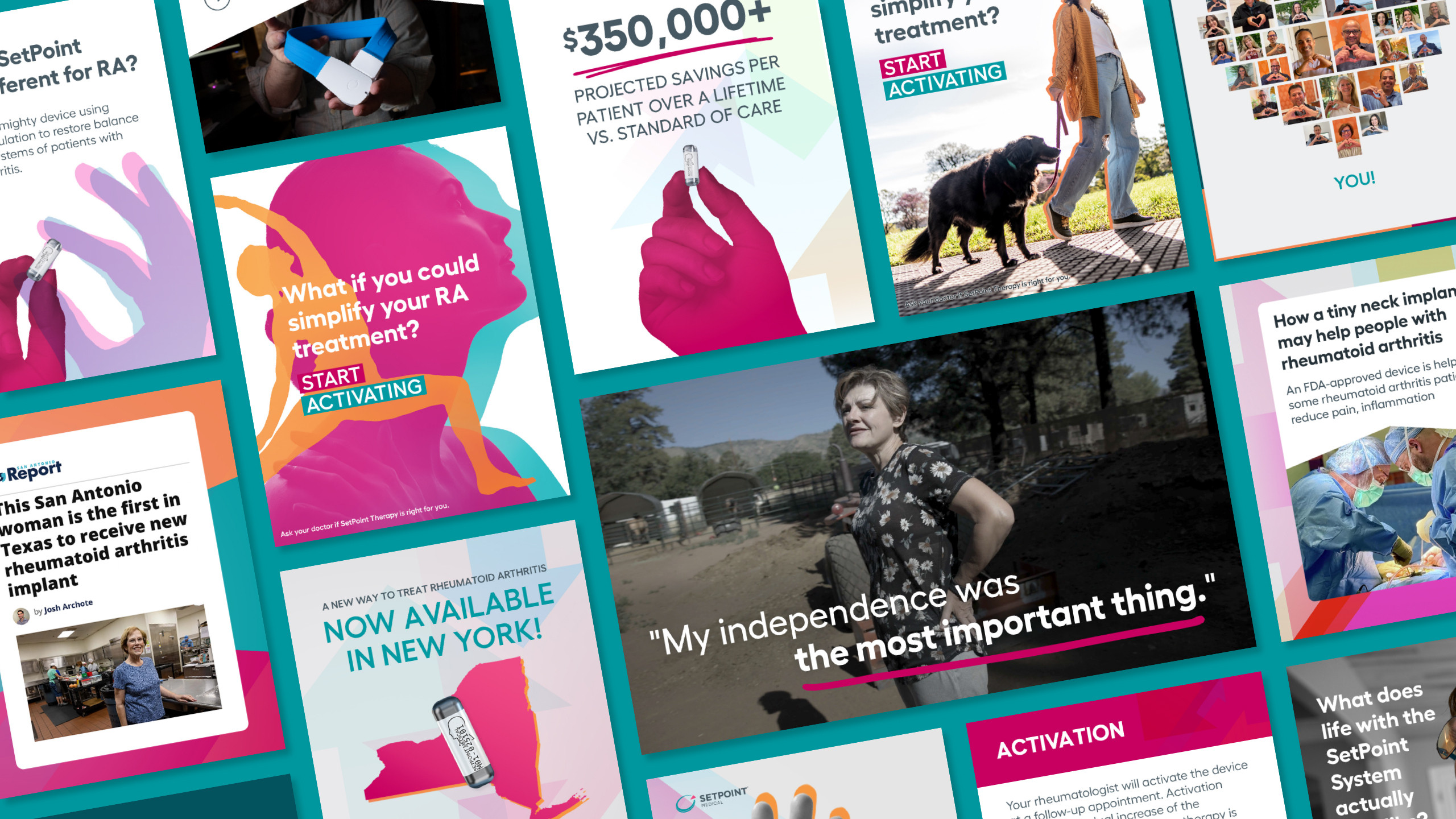 Collage of SetPoint Medical campaign creative: patient stories, social ads, and press coverage